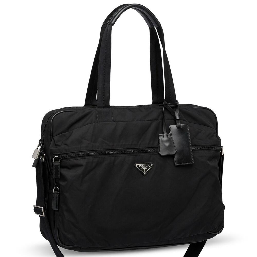 PRADA Tessuto Nylon Messenger Shoulder Bag Black Triangle Logo Lock Luggage Tag